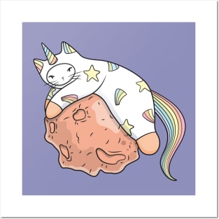 Weird Unicorn Cat on asteroid hunt Posters and Art